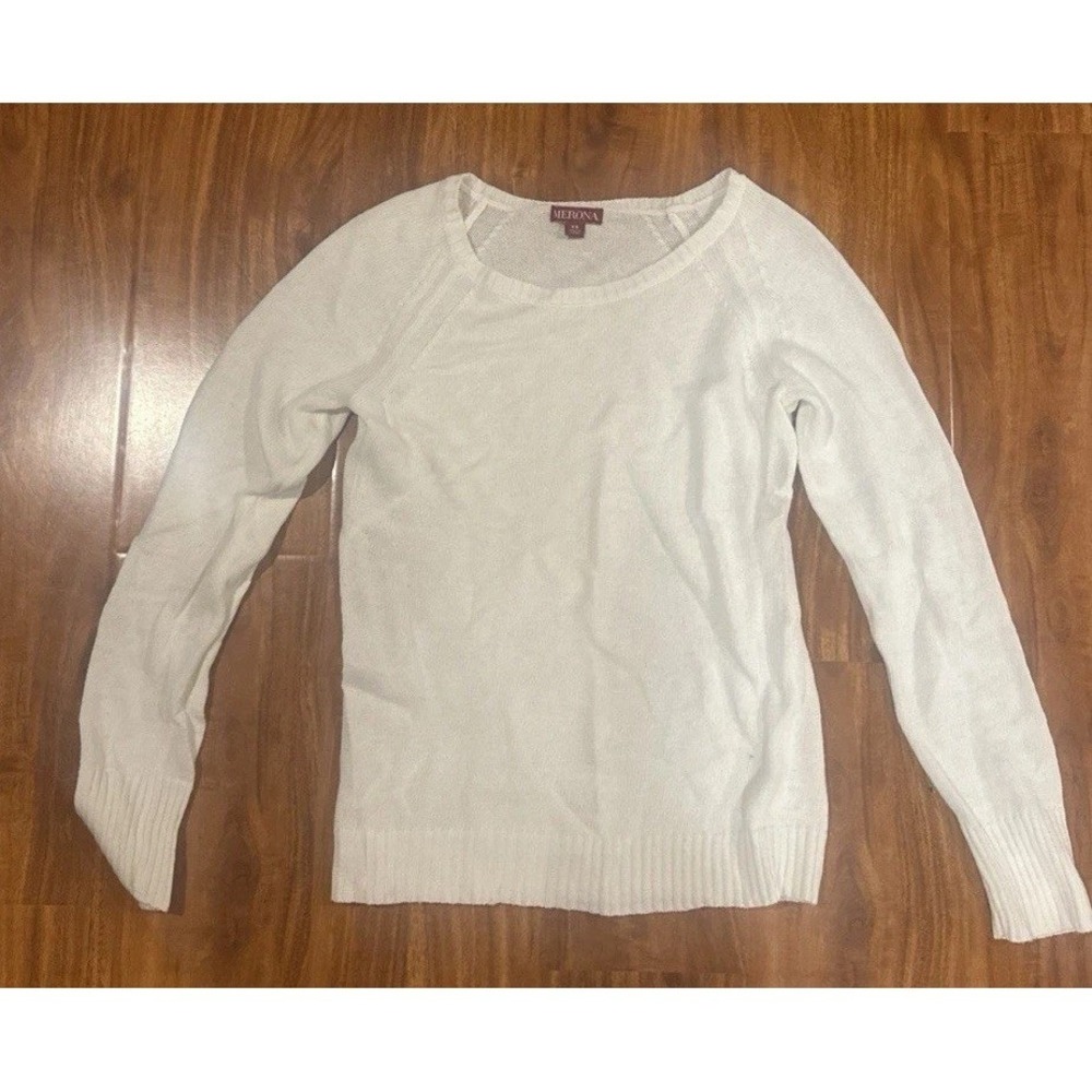 MERONA Tight Waffle Knit Sweater Crew Neck White LS Capsule Linen Blend XS
